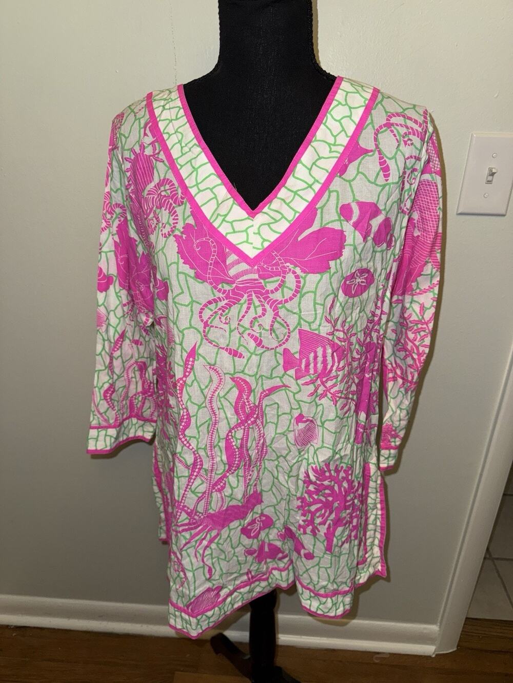 Gretchen Scott Black Green Pink Fish Octopus Print 3/4 Sleeve Tunic Small